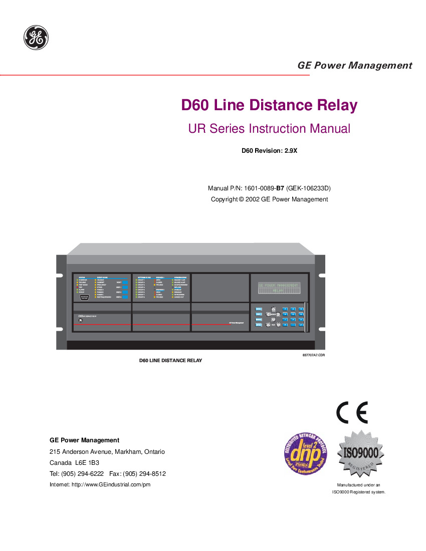 First Page Image of D60-J00-HCH-F8F-H6U-M6U-P6U-UXX-WXX GE D60 Universal Relays Manual 1601-0089-B7.pdf